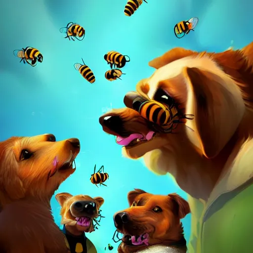 Image similar to the dogs with bees in their mouth and when they bark, they shoot bees at you, artstation