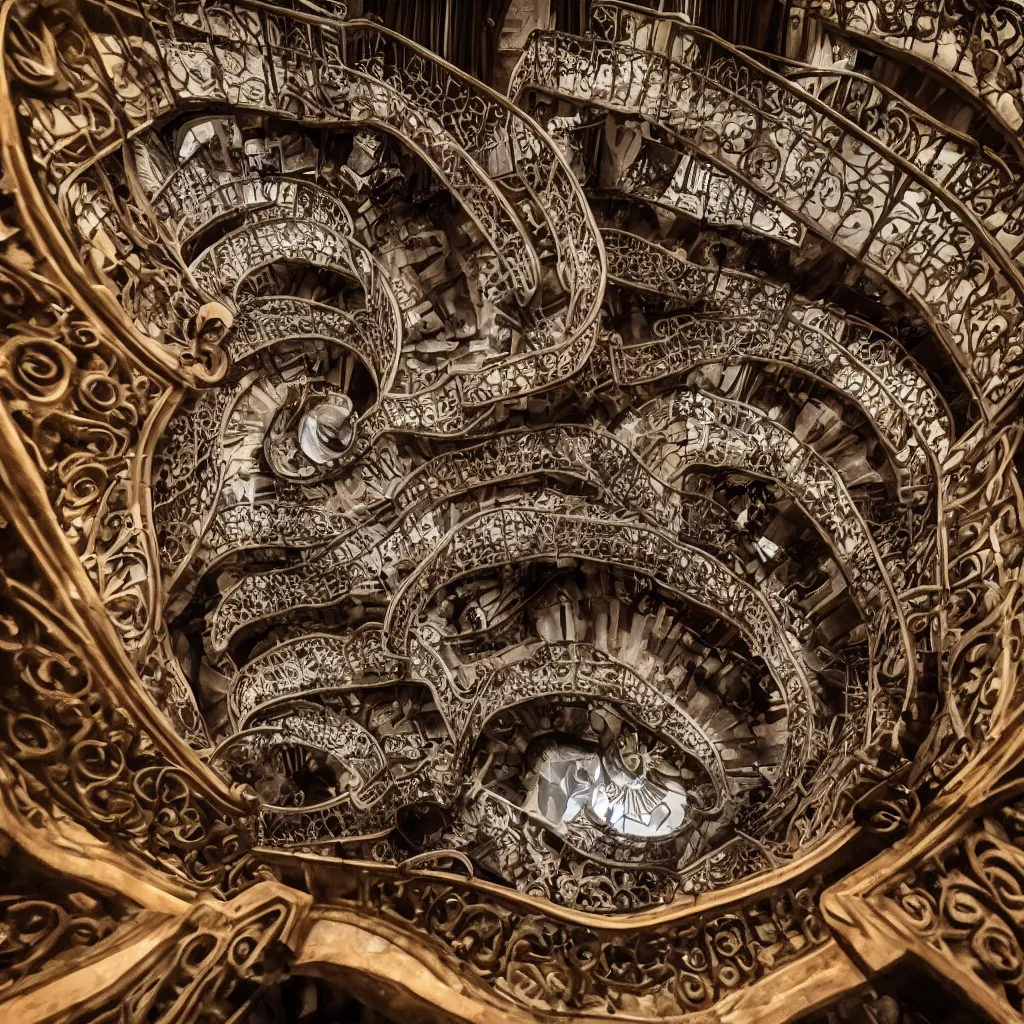 Prompt: movie still, grand spiral staircase going down deep in a dark hole, baroque, by gaudi, dramatic volumetric cinematic light, chiaroscuro, leica, high quality, high detailed, detailed patterns pop art