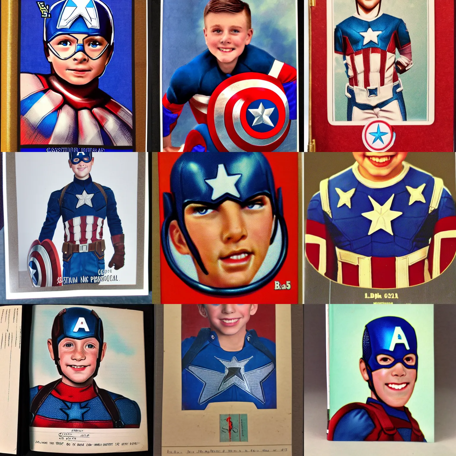 Prompt: Vintage 5th grade yearbook photo of Captain America, accurate, photorealism, highly detailed, studio lightning