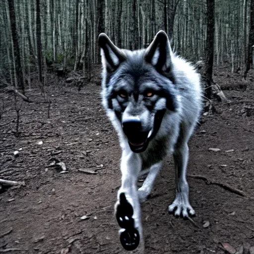 Prompt: werewolf caught on trailcam 8 k detailed