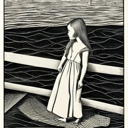 Prompt: a girl by the sea by escher