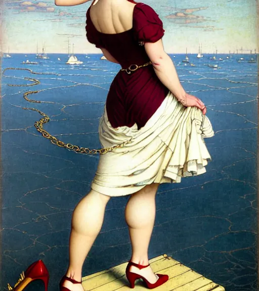 Image similar to a fancy beautiful plump young lady holding a purse standing on a wharf at the edge of the sea by brom and gil elvgren and jean delville and william blake and norman rockwell, crisp details, hyperrealism, smiling, happy, feminine facial features, stylish navy blue heels, gold chain belt, cream colored blouse, maroon hat, windblown