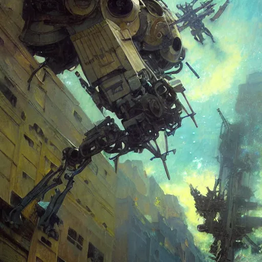 Image similar to six meters tall mech fighting in an urban environment, epic action scene, by gaston bussiere craig mullins jc leyendecker gustav klimt artgerm greg rutkowski john berkey, bergey, craig mullins, ruan jia, raymond swanland, jeremy mann, tom lovell, alex malveda, shadow ray casting, bump mapping