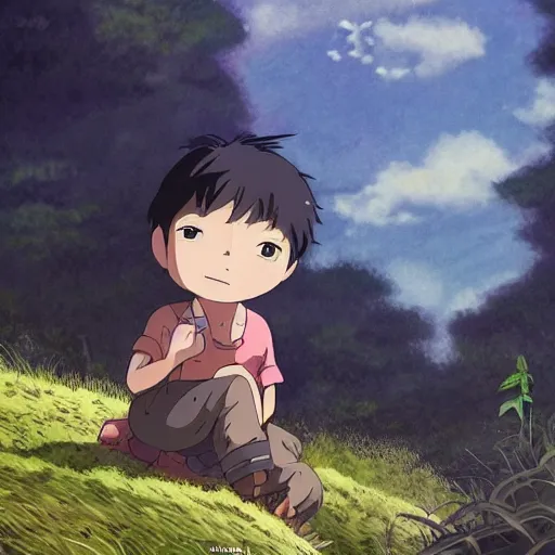 Image similar to friendly guy and small creature , with Fragile looking character portrait face made by Studio Ghibli highly detailed art, beautiful scene, sharp focus, smooth, 8k, anime art, wild, dark, fantasy, peaceful, sunshine, light