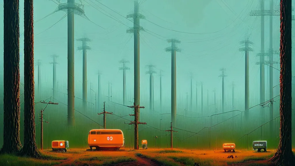 Image similar to Clean, Cheap Abundant,Nuclear Energy Future, Forest in Harmony with Nature; Location: San Francisco, California; by Simon Stålenhag; retro-futuristic ; retro natural-futurism;