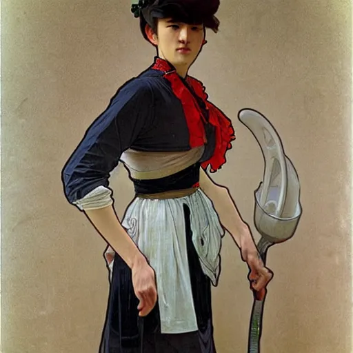Image similar to full body painting of grumpy handsome thin beautiful young man in his 2 0 s named min - jun in a modest french female maid outfit, modern clothing, elegant, clear, painting, stylized, sharp facial features, pouty, highly detailed, art, art by alphonse mucha