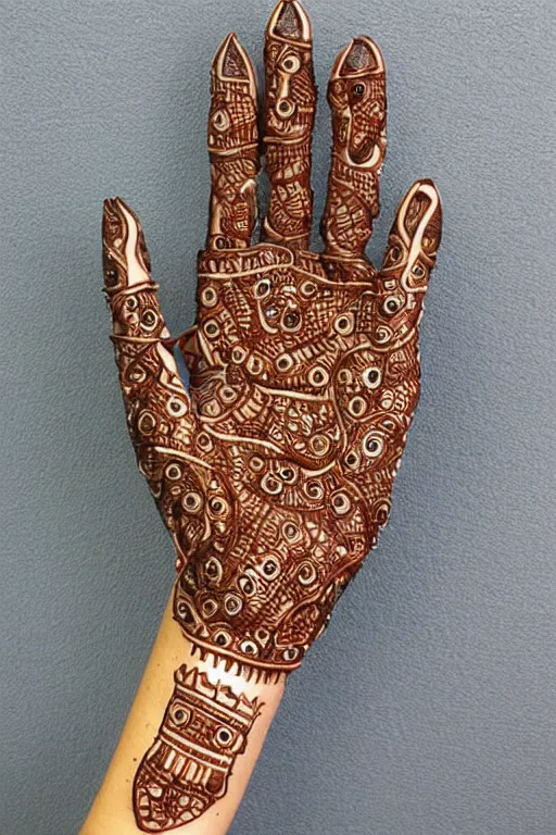 Image similar to ceramic robotic hand covered in henna