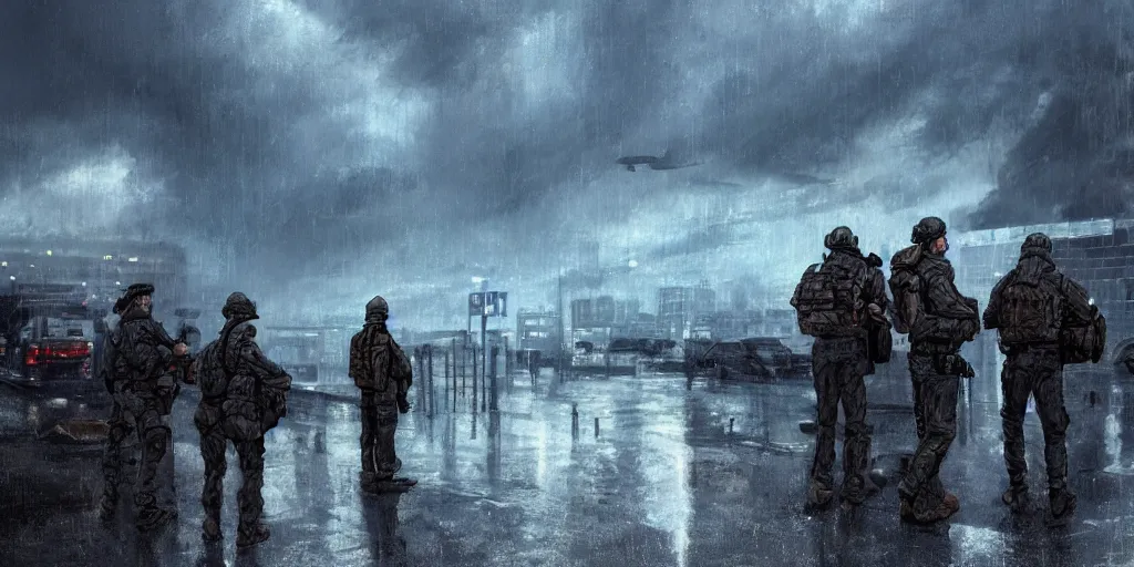 Image similar to private military company operatives standing outside immigration check point with severe weather storms behind, hong kong, cinematic, realistic, detailed, intricate, digital art, ambient lighting, by jordan grimmer, industrial art style, 3 5 mm film grain, artstation