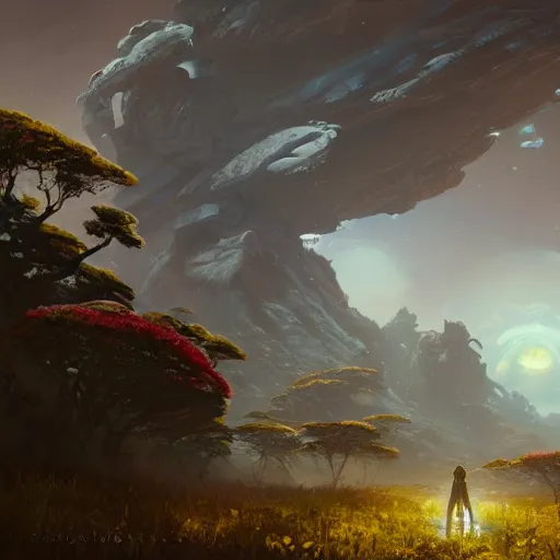 Prompt: alien planet, floral, landscape, scenery, oil painting, Tooth Wu, Greg Rutkowski, RPG, dynamic lighting, fantasy art, High contrast, depth of field