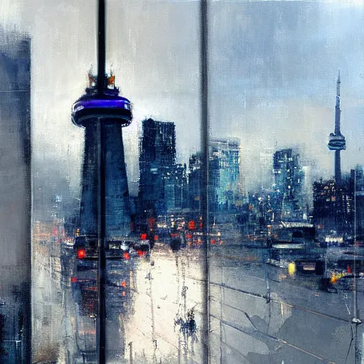 Image similar to toronto cn tower painting by jeremy mann