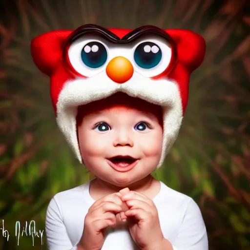 Image similar to very very very very cute chibi baby elmo, portrait, pixar style, forest background, cinematic lighting, award winning creature portrait photography