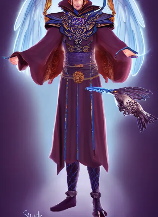 Prompt: male warlock with the head of a hawk, wind magic, blue robes, exquisite details, full body character design, white background, by studio muti