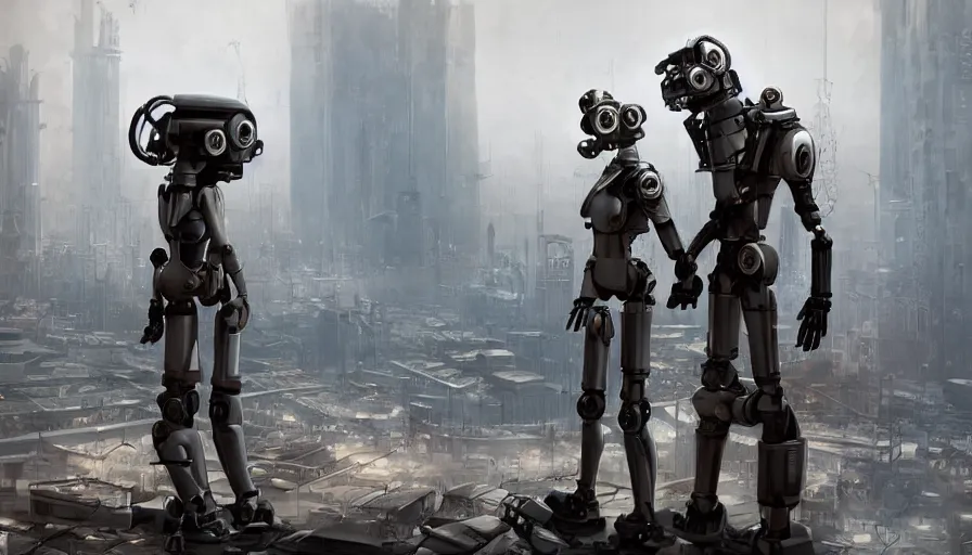 Prompt: Dieselpunk Illustration of two humanoid robots holding hands looking at each other, desolated city of tall buildings in the background by Galan Pang, James Paick, Komatsuzaki retro-futurism, sci fi, dystopian, trending on artstation, masterpiece, concept art, octane render