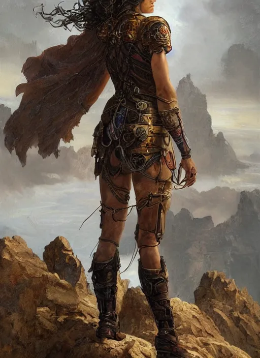 Image similar to oil painting of a highly detailed steampunk gal gadot with her hands behind the back while standing on a rock : leonardo da vinci, greg rutkowski, magali villeneuve