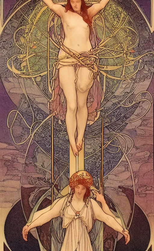 Image similar to a spiritual cross on top of a holy mountain, Mucha, Moebius, Mohrbacher