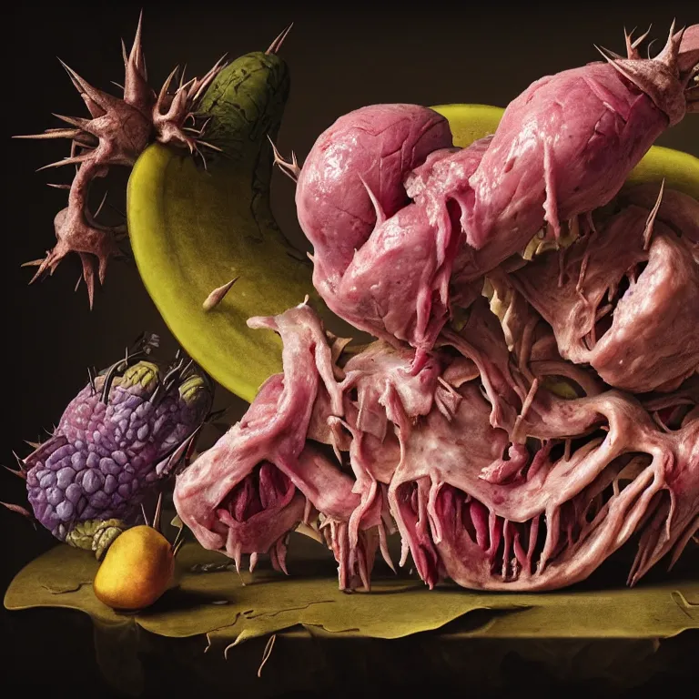 Image similar to still life of beautiful pastel tropical alien flowers, tropical fruit, human spine, rotten meat flesh with colorful mold, muscle tissue, spikes, baroque painting, beautiful detailed intricate insanely detailed octane render, 8K artistic photography, photorealistic, chiaroscuro, Raphael, Caravaggio