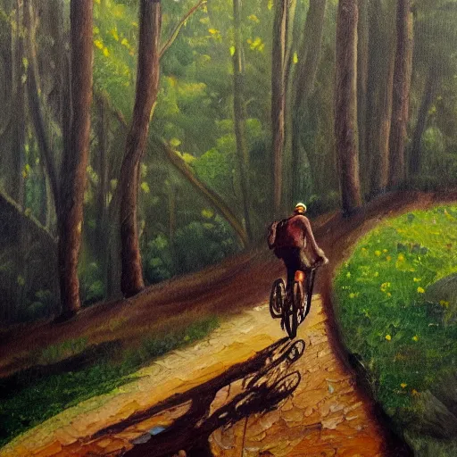 Prompt: man biking up a steep forest hill, sweaty. Oil painting. Emotional. Steep. Trees