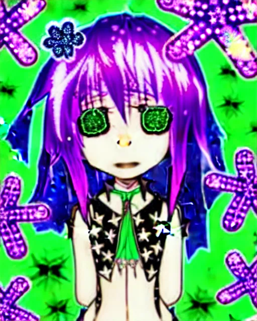 Image similar to a hologram of decora styled green haired yotsuba koiwai wearing a gothic spiked jacket, background full of lucky clovers and shinning stars, holography, irridescent, baroque visual kei decora art