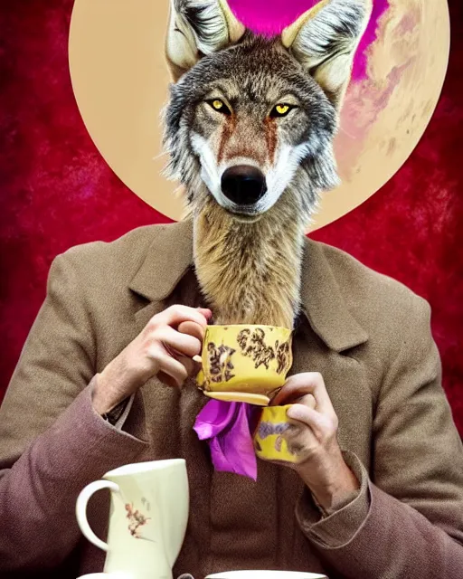 Image similar to Tall emaciated man wolf hybrid with long coyote like ears, wearing a purple velvet enjoying a cup of tea, British Tea Parties, highly realistic, Rick Baker style, photoreal, photograph in the style of Annie Leibovitz