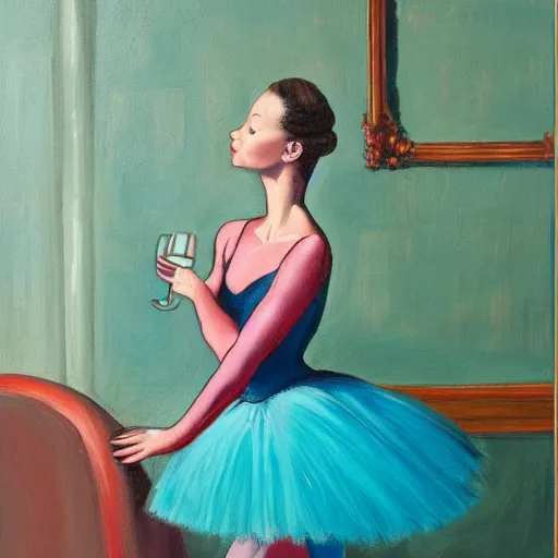 Image similar to painting of a ballerina in a teal room holding wine, red background