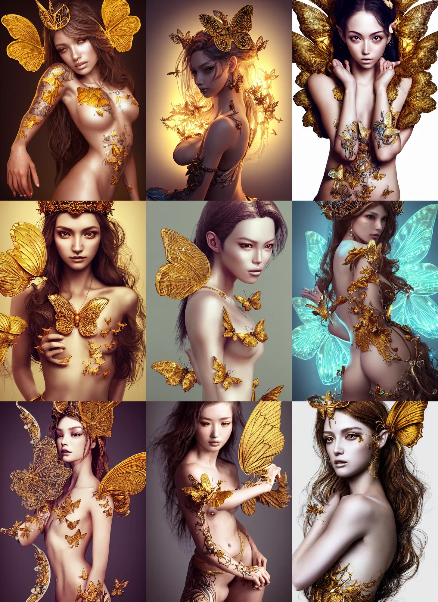 Prompt: studio portrait of beautiful model with fantasy golden butterfly body art and crown, gorgeous, elegant, an ultrafine hyperdetailed illustration by kim jung gi, irakli nadar, artgerm, intricate linework, octopath traveler, final fantasy, unreal engine 5 highly rendered, global illumination, radiant light