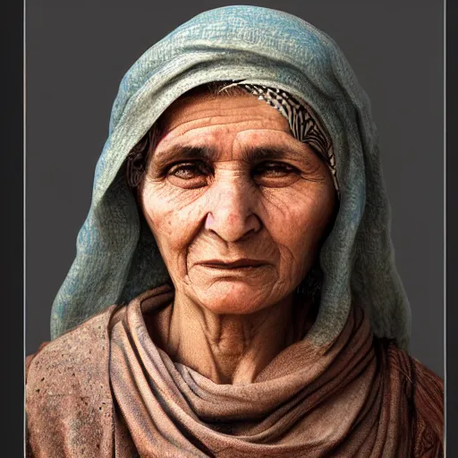 Image similar to hyperrealistic mixed media high resolution image of a beautiful Kurdish grandmother, stunning 3d render inspired art by István Sándorfi and Greg Rutkowski and Unreal Engine, perfect symmetry, dim volumetric lighting, 8k octane beautifully detailed render, post-processing, extremely hyper-detailed, intricate, epic composition, highly detailed attributes, highly detailed atmosphere, full body shot, cinematic lighting, masterpiece, trending on artstation, very very detailed, masterpiece, stunning, flawless structure, lifelike texture, perfection,