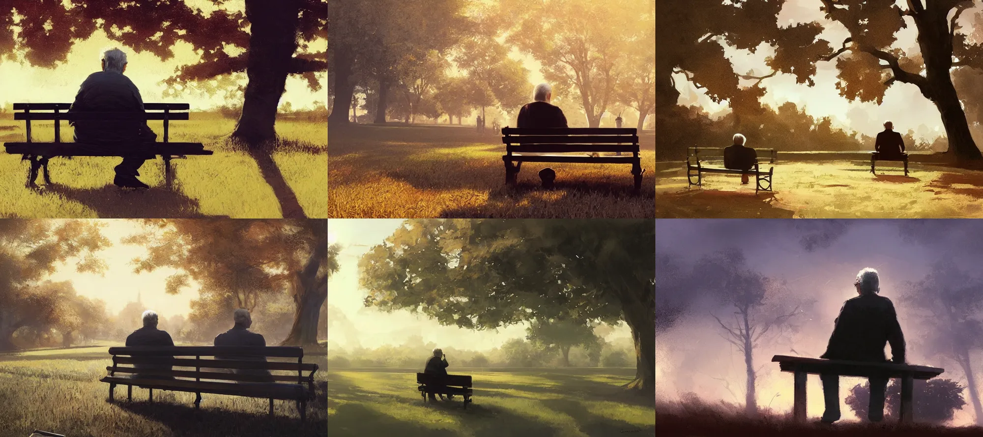 Prompt: medium shot of an old man sitting on a bench in the middle of a park and looking up, golden hour, somber, artstation, concept art, sharp focus, art by Craig Mullins and Greg Rutkowski