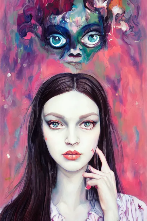 Prompt: portrait of a young cute beautiful woman with dark hair and big dark eyes artwork by Martine Johanna, Jack Gaughan, oil painted, Hikari Shimoda, artstation