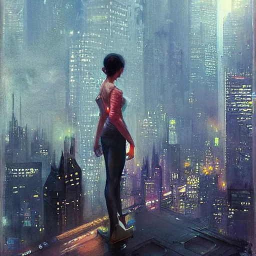 Image similar to “ girl standing on a roof looking down at a foggy futuristic new york city below, ghostpunk, cyberpunk, very detailed, by daniel gerhartz ”