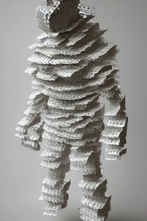 Prompt: female adventurer in tight full - body sticky note stack chainmail - style paper armor made out of several hundred sticky note stacks and a white porcelain crow mask, trending in artstation, japanese, artstation, establishing shot