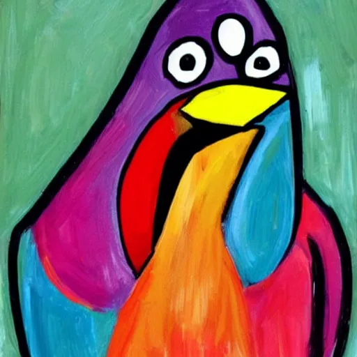 Prompt: a big colorful bird with a big beak with a crazy expression!