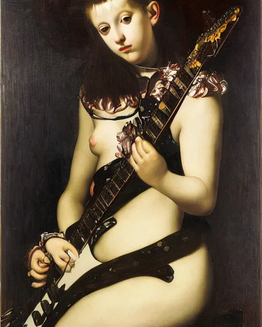 Prompt: Goth girl playing electric guitar by Mario Testino, oil painting by Caravaggio and Tintoretto and Lawrence Alma-Tadema