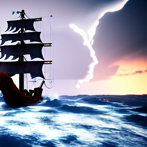 Image similar to pirate ship on a magical stormy sea, 8k, HDR, cinematic, volumetric lighting, unreal engine 5