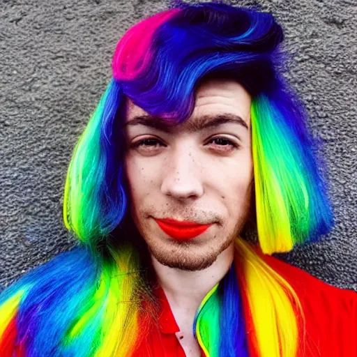 Image similar to a portrait of a queer man with rainbow hair and painted nails