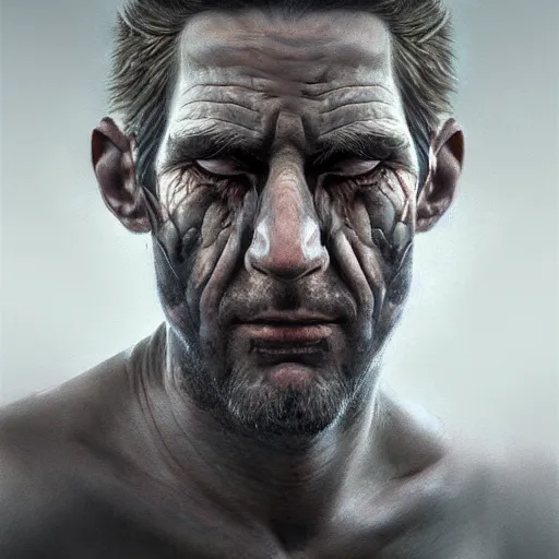 Prompt: Portrait of a man, face with pavement cracks. fantasy, realistic, intricate, highly detailed, digital painting, trending on artstation, sharp focus, illustration, style of Stanley Artgerm