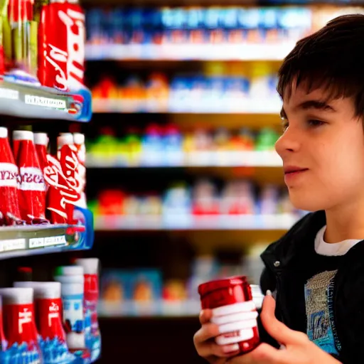 Prompt: cyberpunk young boy buying coke at the shop. 8 k, hd, portrait.