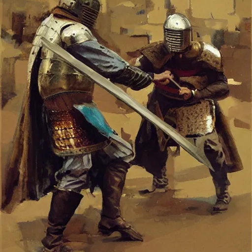 Image similar to man wearing gambeson and medieval helmets, swining sword, fighting, detailed by greg manchess, craig mullins, bernie fuchs, walter everett