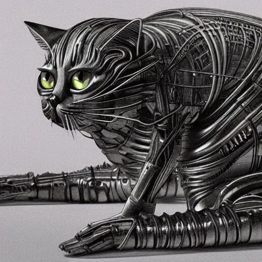 Image similar to A cyborg cat, realistic, sharp focus, 8k high definition, insanely detailed, intricate, elegant, art by H.R. Giger