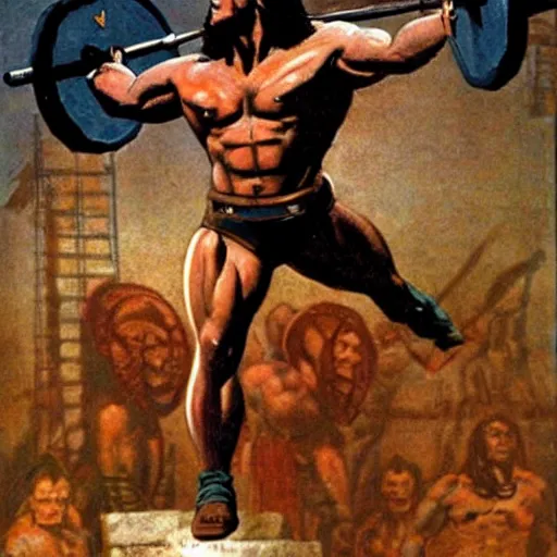 Prompt: Conan-the-Barbarian-Olympic-weightlifting in the style of Frank Frazetta