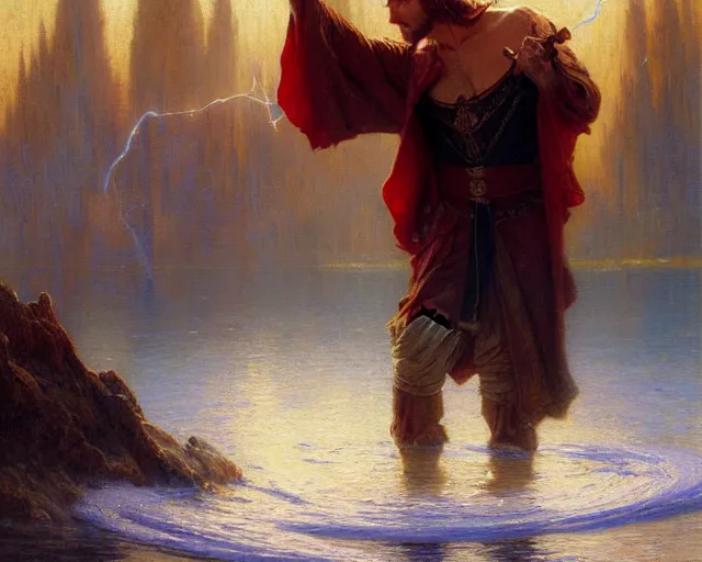 Image similar to attractive male wizard casting powerful wave water spell in a beautiful lake. highly detailed painting by gaston bussiere, craig mullins, j. c. leyendecker 8 k