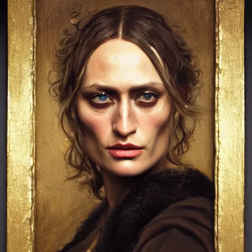 Image similar to highly detailed oil painting | very intricate | cinematic lighting | award - winning | portrait of ruta gedmintas with eyepatch | by roberto ferri, by tom bagshaw, by j. c. leyendecker and klimt, american romanticism, by austin osman spare, artstation, cgsociety, official art, octane