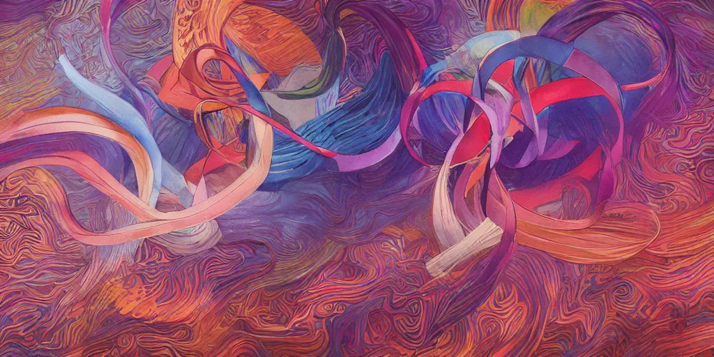 Prompt: abstract ribbons, flames, illustration, watercolor, pastel colors,Light By Miles Johnston, Agnes Pelson, Ryan Burke, Moebius, Phillip Loutherbourg, Salmon Khoshroo, Lee Griggs, Timothy Von Rueden Japanese woodcuts, Louise Zhang, James Jean, trending on artstation, 80's airbrush, 90's design