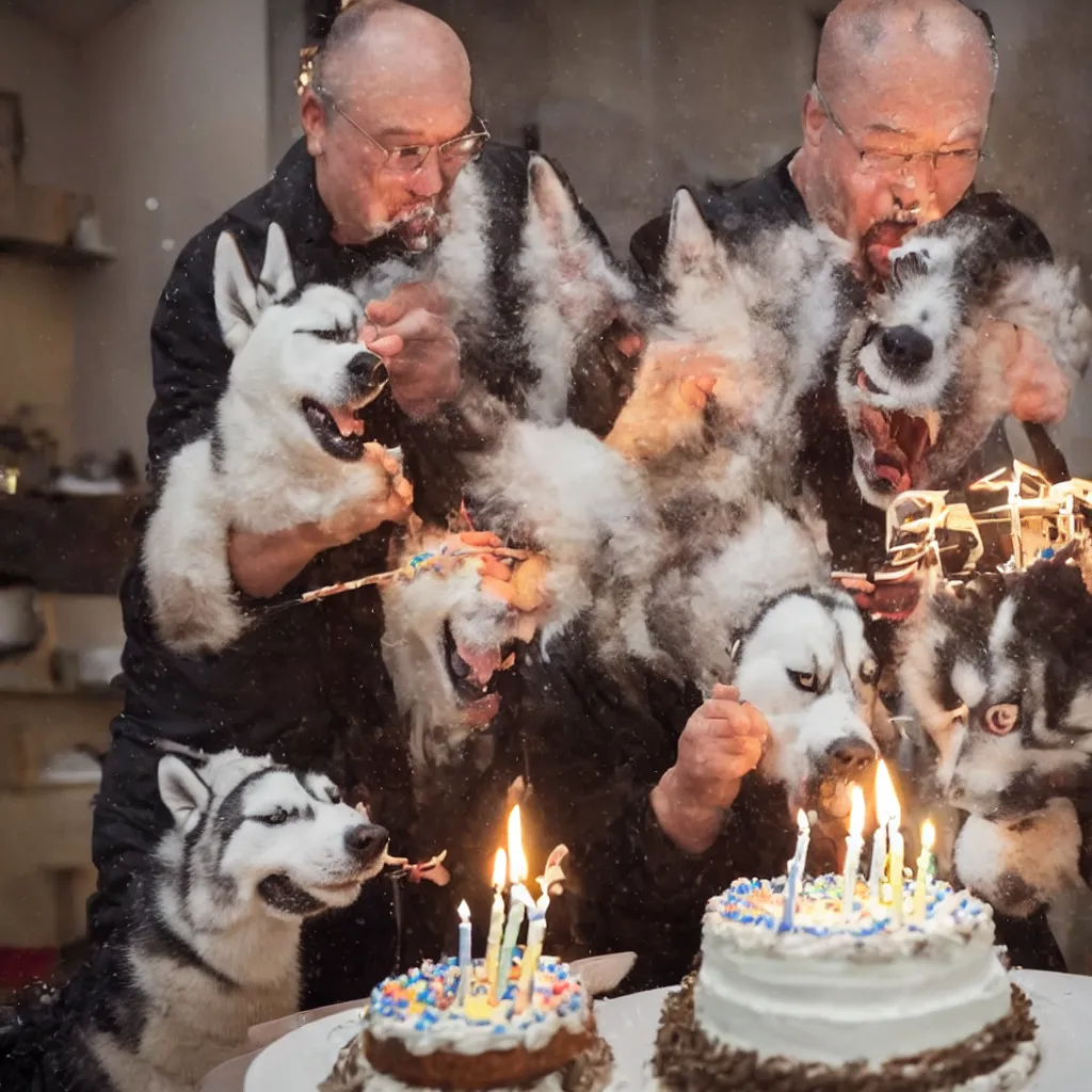 Image similar to a man with the head of siberian husky blowing out candles on a birthday cake