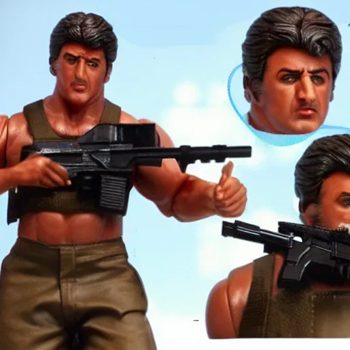 Image similar to 12 inch full body lifelike action figure of Stallone as Rambo. Big muscles. Holding a fully automatic rifle