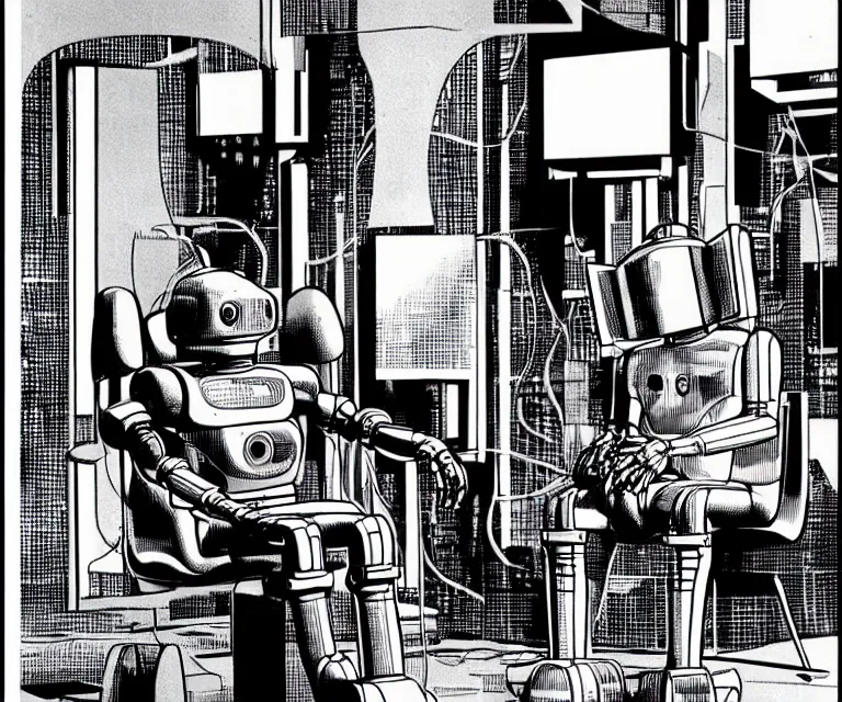 Image similar to robot wearing highly detailed hyperrealism neofuturistic cyberpunk neuralinterface is sitting on a chair, by wally wood and moebius