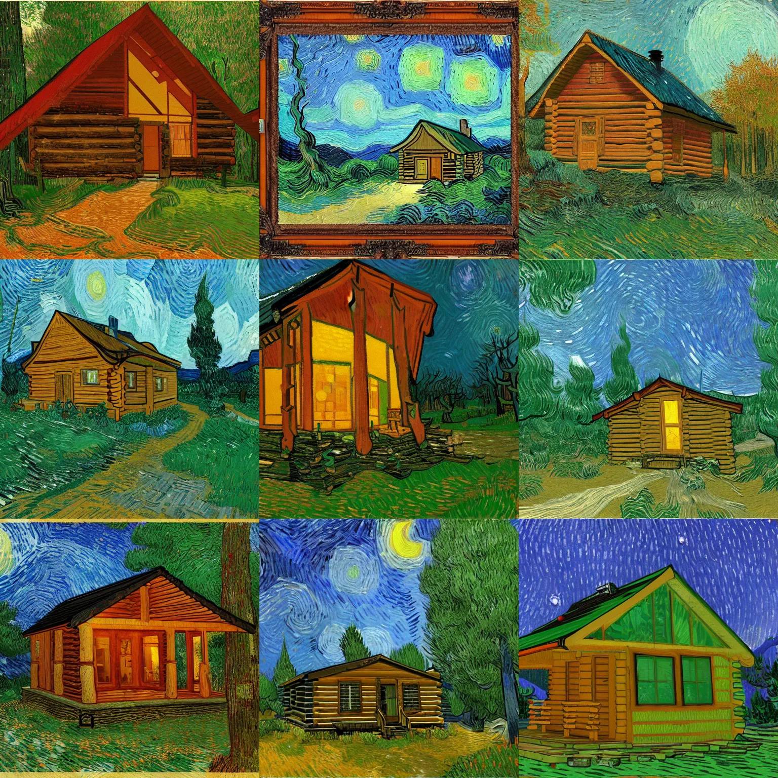 Prompt: [ a log cabin in the forest ] [ van gogh ] [ trending on artstation ]