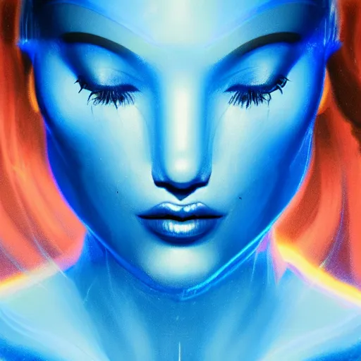 Image similar to holographic woman, beautiful, blue light, profile, science fiction, d & d, concept art, sharp focus, illustration, character art,