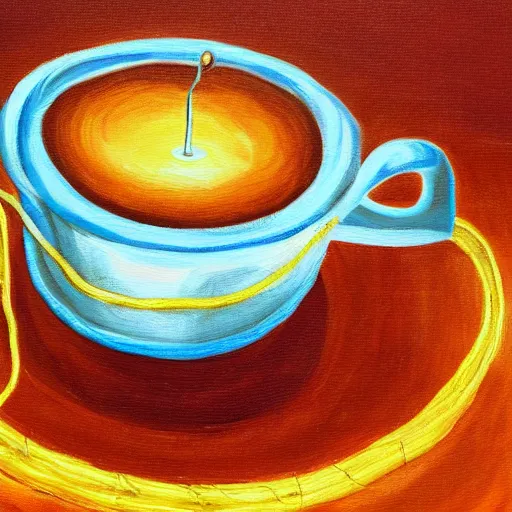 Image similar to art style using light beans and wires is adoperated to picture a cup of coffee running. painting