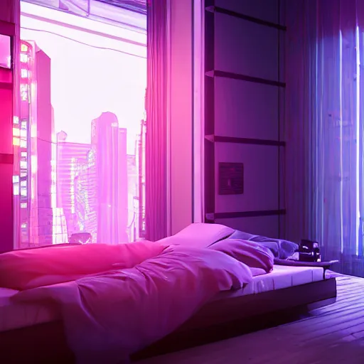 Prompt: « inside a girl room, cyberpunk vibe, neon glowing lights, sharp focus, photorealistic, unreal engine 5, girl in the bed, window that shows the skyscrapers in the background »