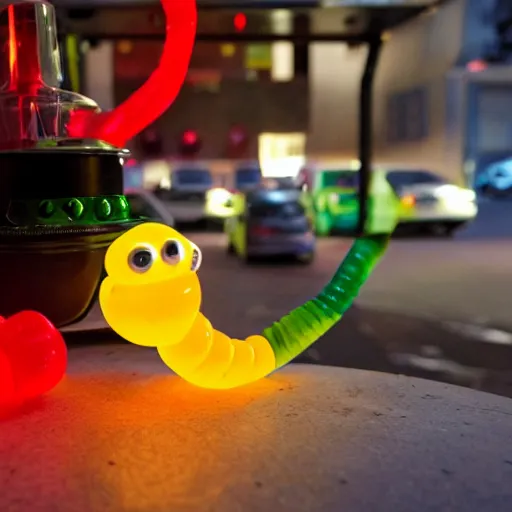 Prompt: a futuristic robotic gummi worm. dramatic product lighting. it's a gummi with extra juiciness. but it's also a worm. ick. in a magical side alley, the worm is on display in a trendy food truck display. digital reality.